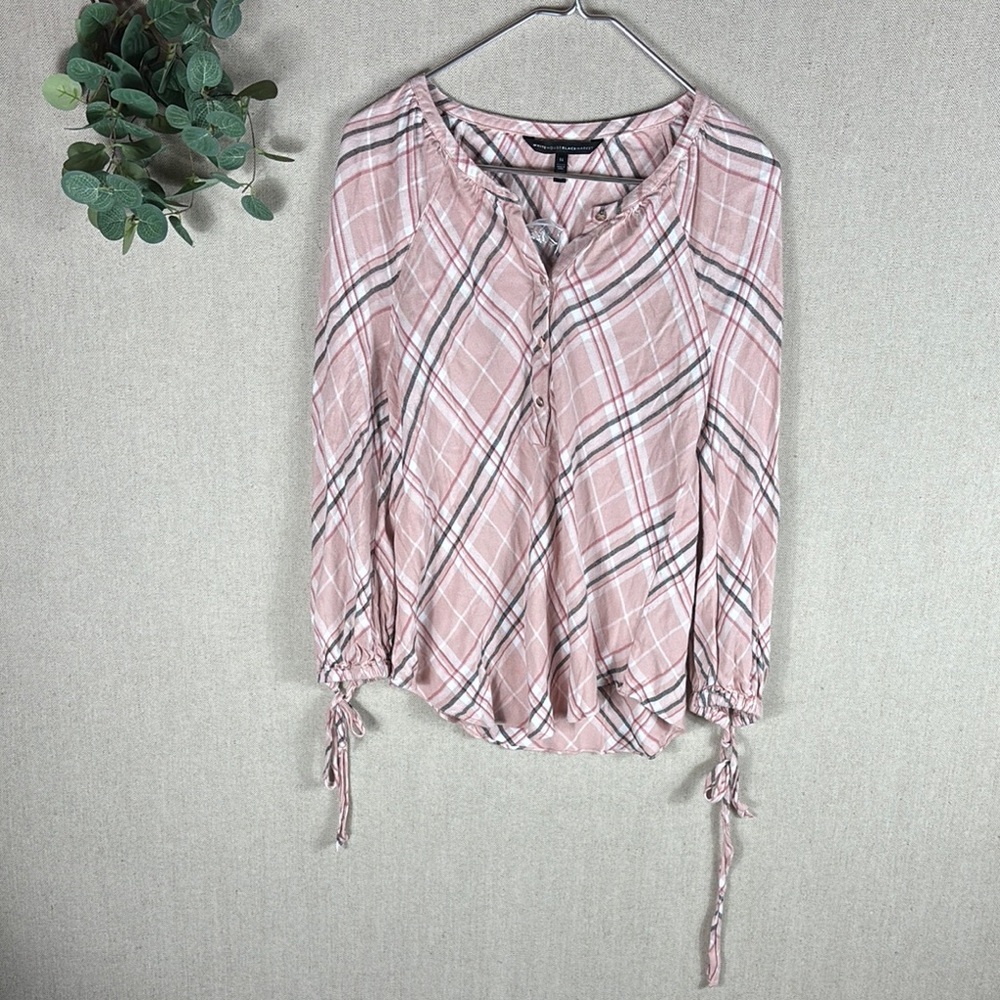 White House Black Market Pink Plaid Lightweight Button Front Blouse